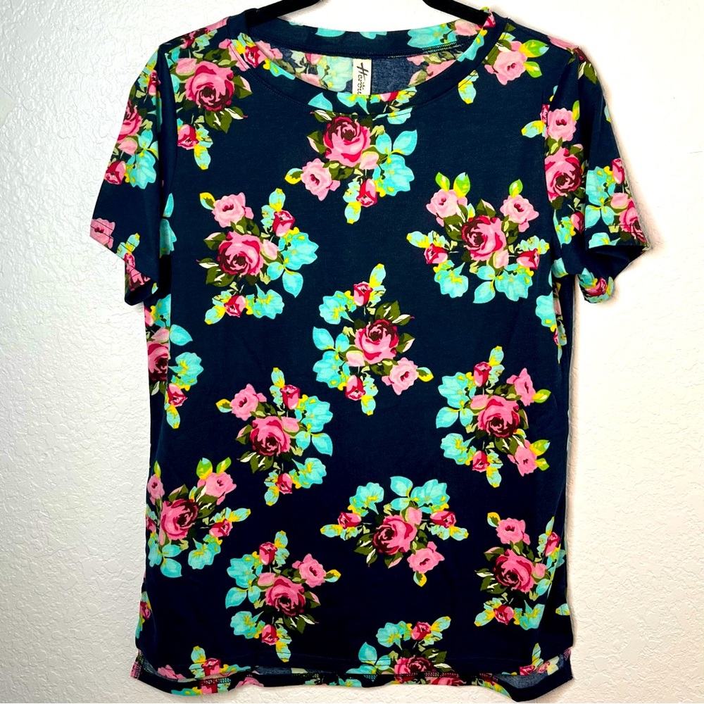 Herou Women’s Navy Blue Floral Stretch Casual Short Sleeve Top Size M New!